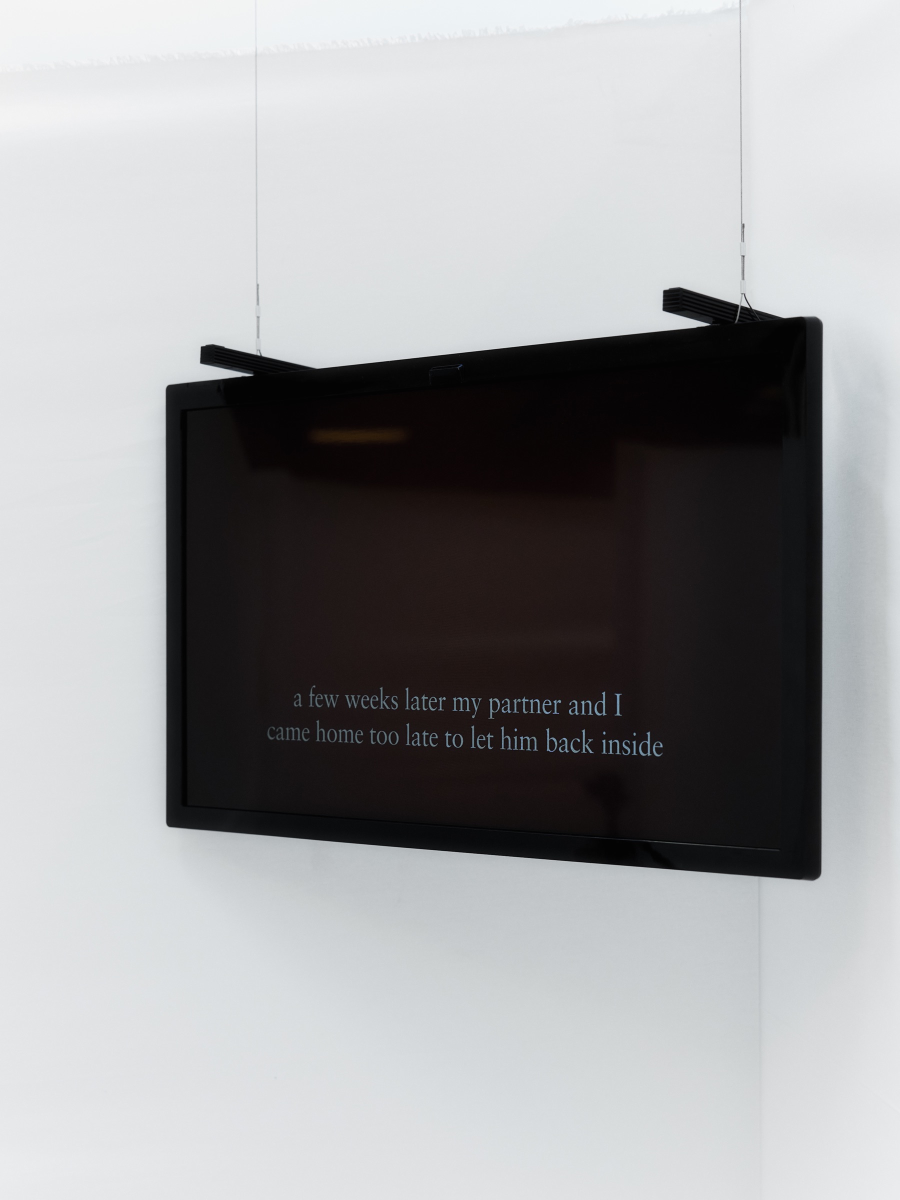 A suspended black screen showing the subtitle: a few weeks later my partner and I came home too late to let him back inside.